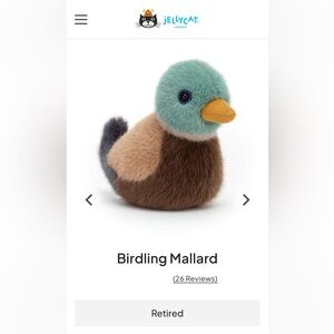 RETIRED Jellycat Birdling Mallard Plush Toy - Teal, Brown, and Yellow
